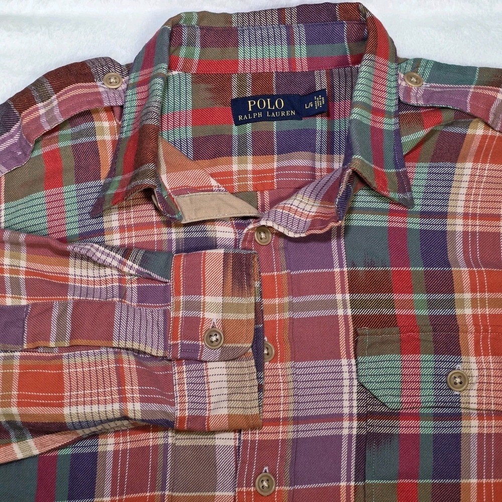 Polo Ralph Lauren Mens Large Plaid Button Up Shirt Military Epaulets